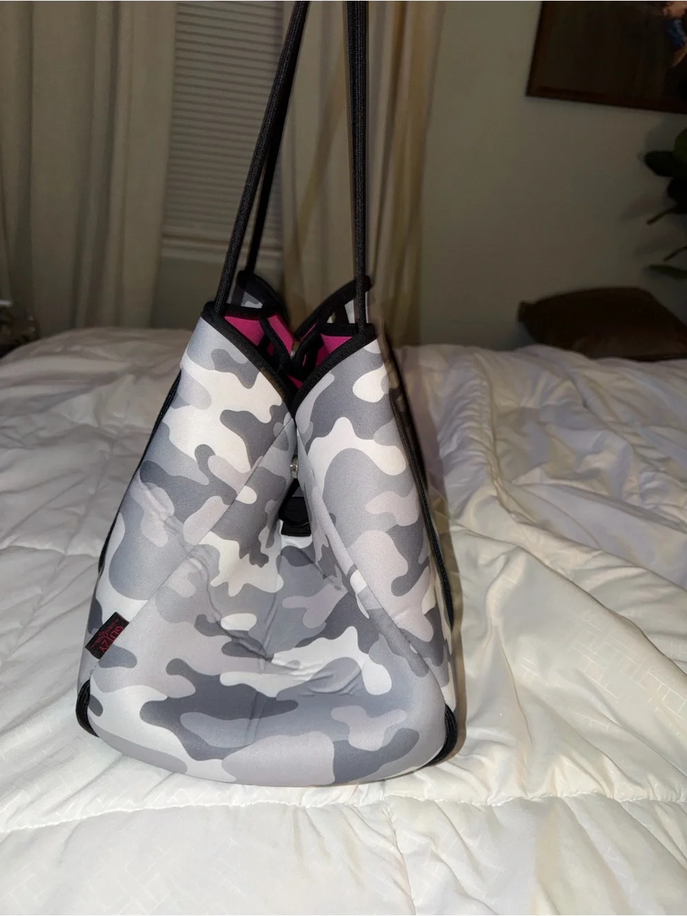 Neoprene Camo Tote Bag with Pink Interior and Black Stripes
